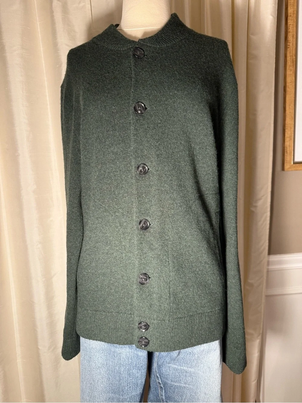Vintage J Crew Dark Green Button-Front Lambs Wool Women's Sweater Cardigan